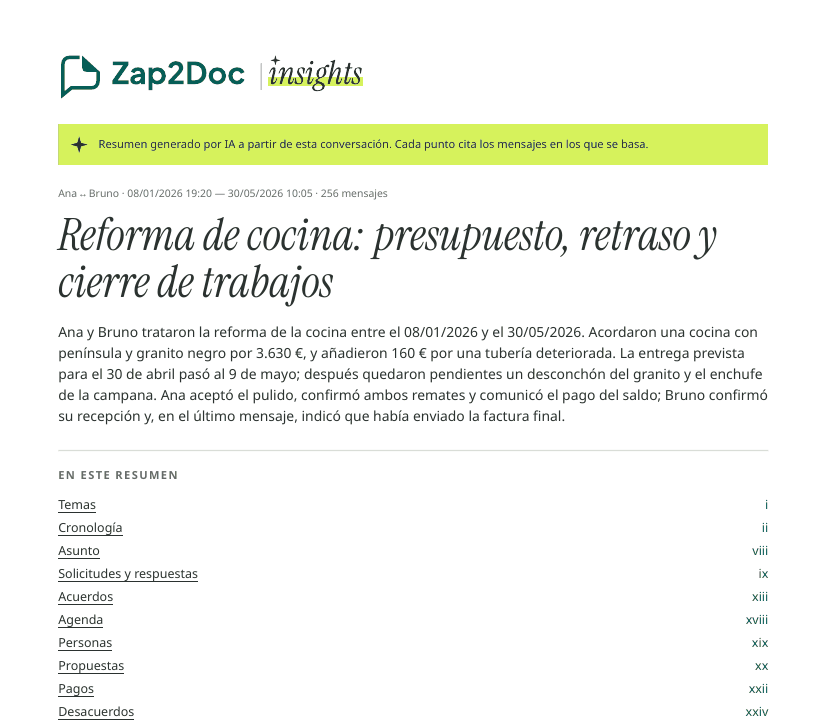 Primera página de un resumen de Insights: título, visión general y temas