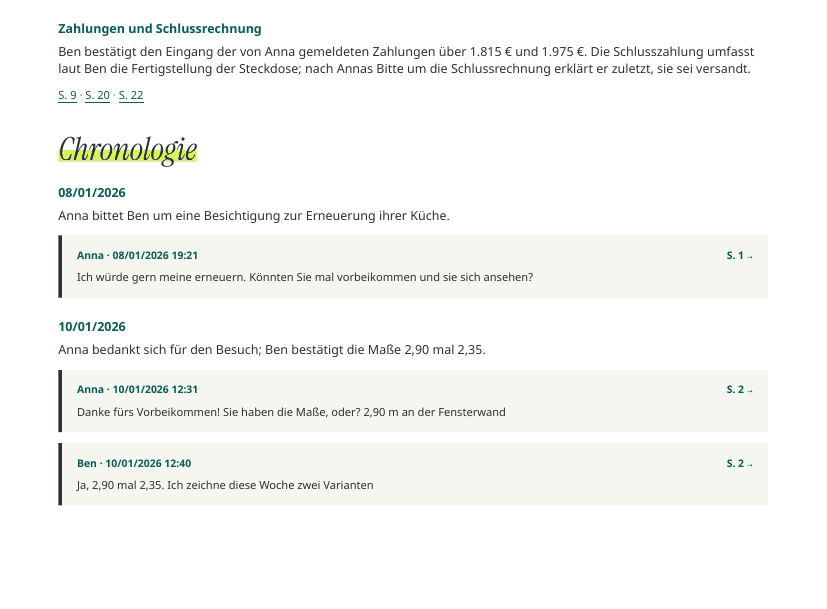 Insights-Chronologie: datierte Ereignisse, jeweils mit ihrer Nachricht