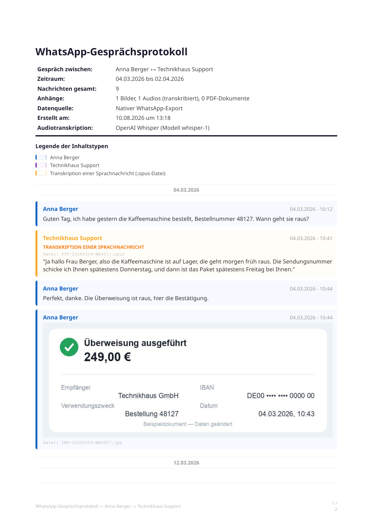 Beispielseite eines WhatsApp-Verlaufs mit einem Händler als PDF, mit transkribierter Sprachnachricht und eingebettetem Zahlungsbeleg