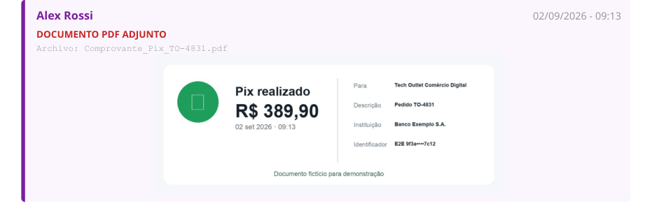 Un justificante en PDF adjunto en la conversación, mostrado en su sitio