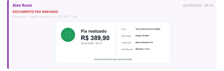 Um comprovante em PDF anexado na conversa, mostrado no lugar