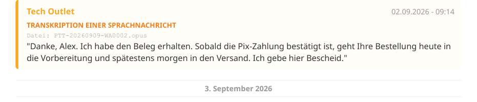 Eine transkribierte Sprachnachricht im PDF mit Dateinamen