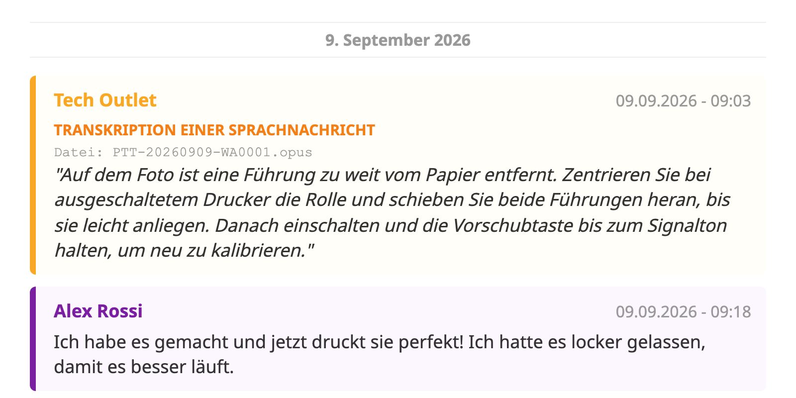 Ausschnitt aus dem fertigen PDF: eine WhatsApp-Sprachnachricht mit ihrer deutschen Transkription direkt unter der Nachricht